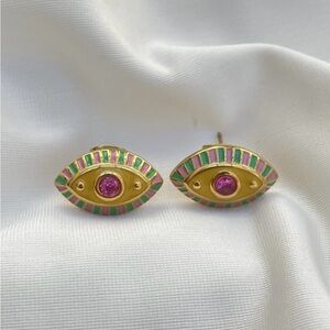 Gold and Pink Eye Stud Earrings